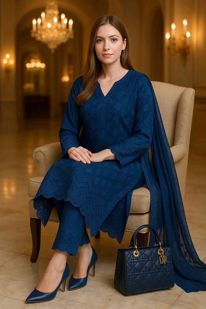 Woman in a blue dress sitting on a chair with a matching handbag in a luxurious room.