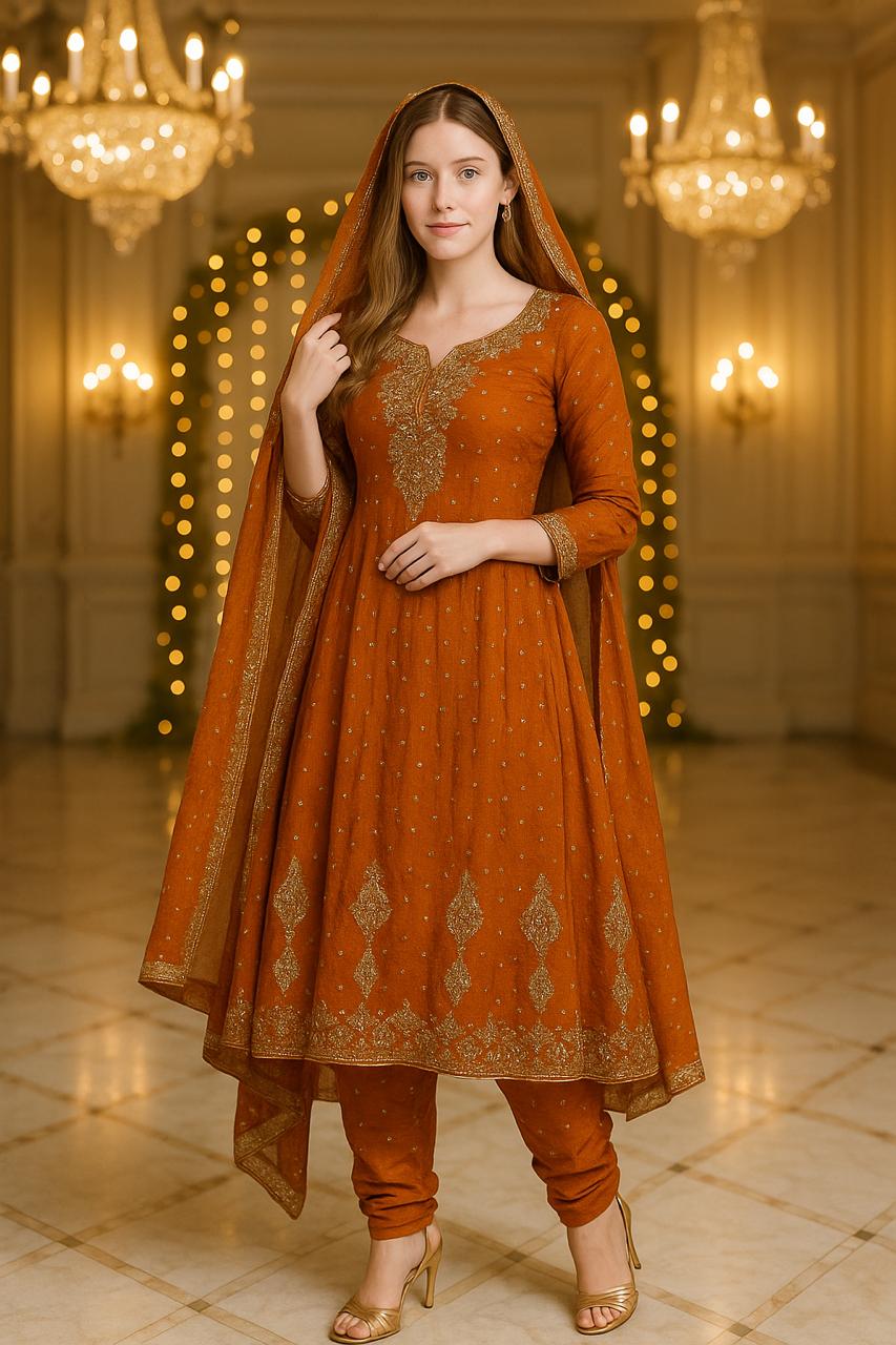 Stunning Semi-Bridal Anarkali Frock – Fully Handmade Chiffon Elegance