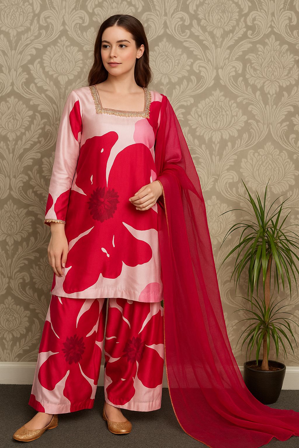 Elegant Silk Printed 3-Piece Suit – Shirt, Trouser & Dupatta