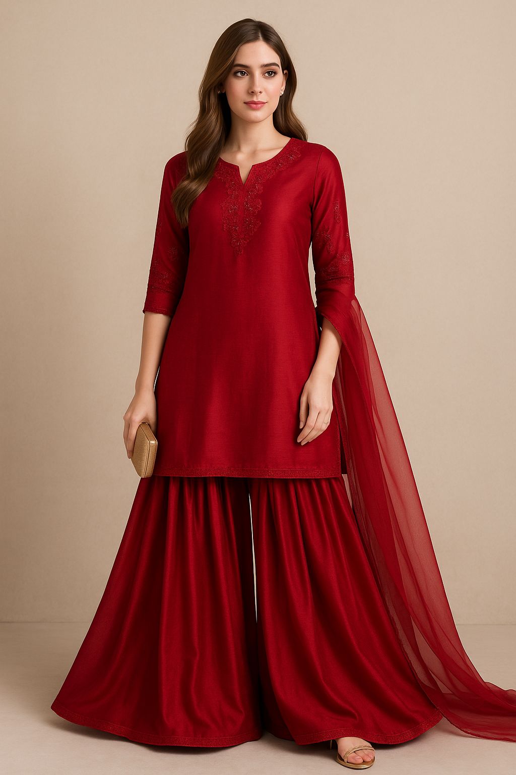 Woman wearing a red traditional outfit with a beige background