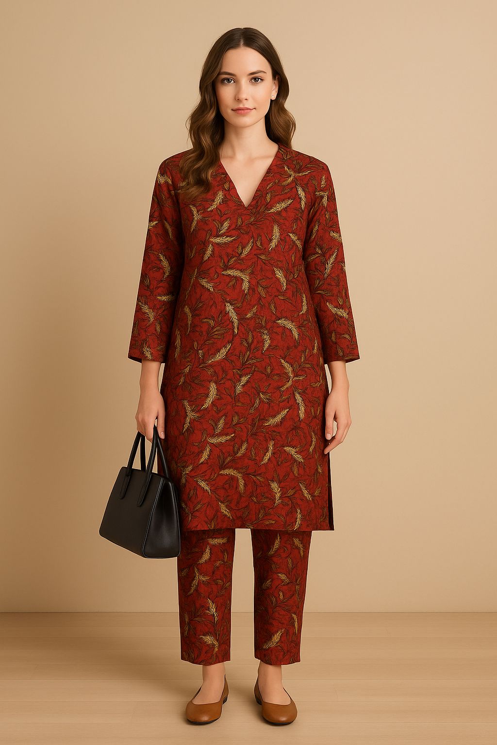 Woman wearing a red patterned outfit with a black handbag on a beige background