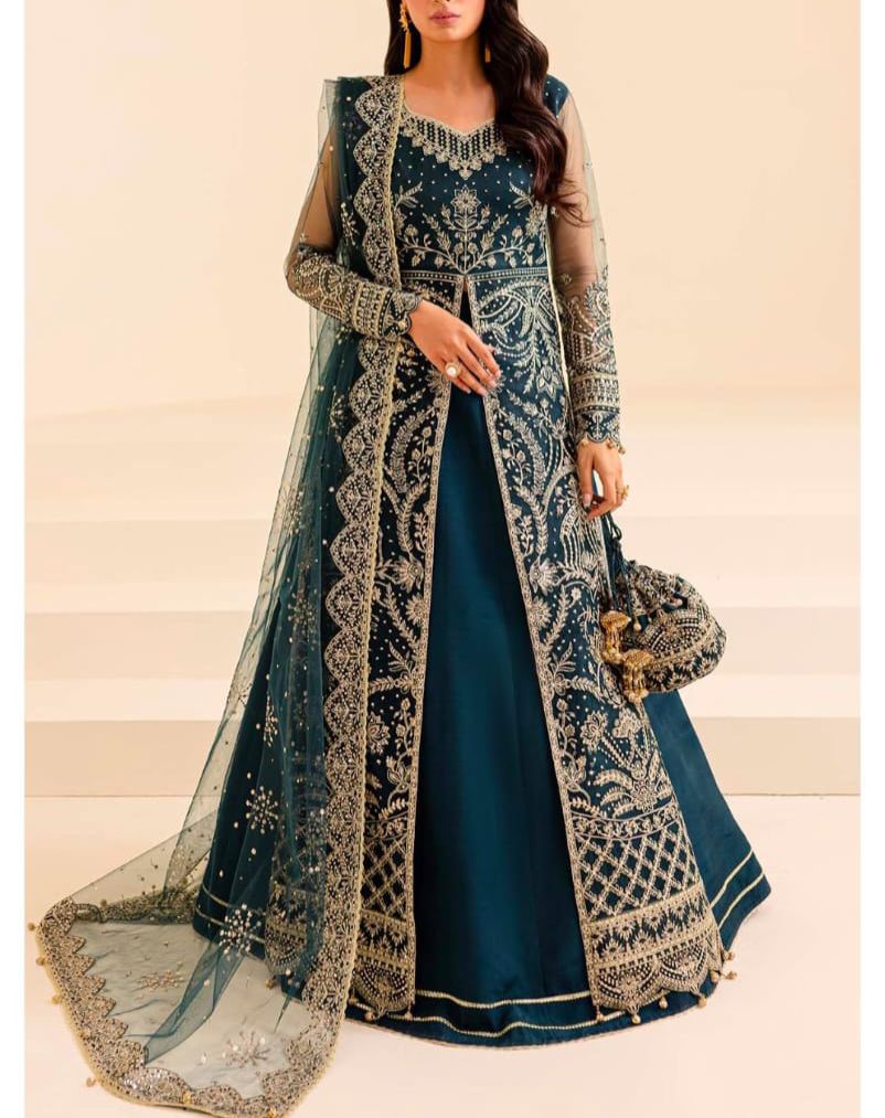 Embroidered Chiffon Net Long Frock – Pink & Royal Blue Premium Women’s Festive Wear (Pre-order)