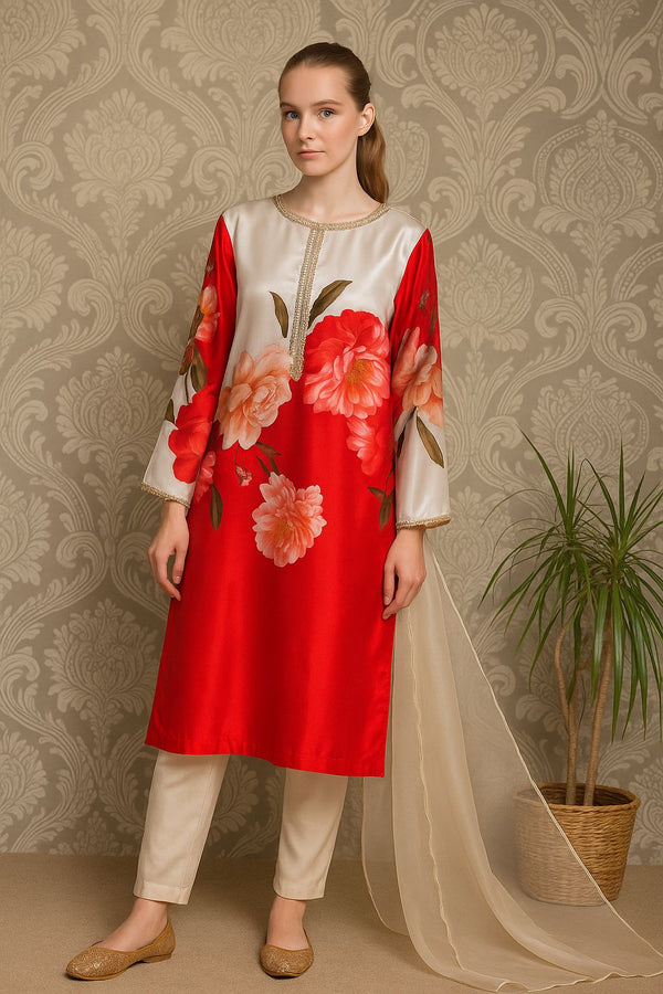 Woman wearing a red and white floral dress with a patterned wall and plant in the background