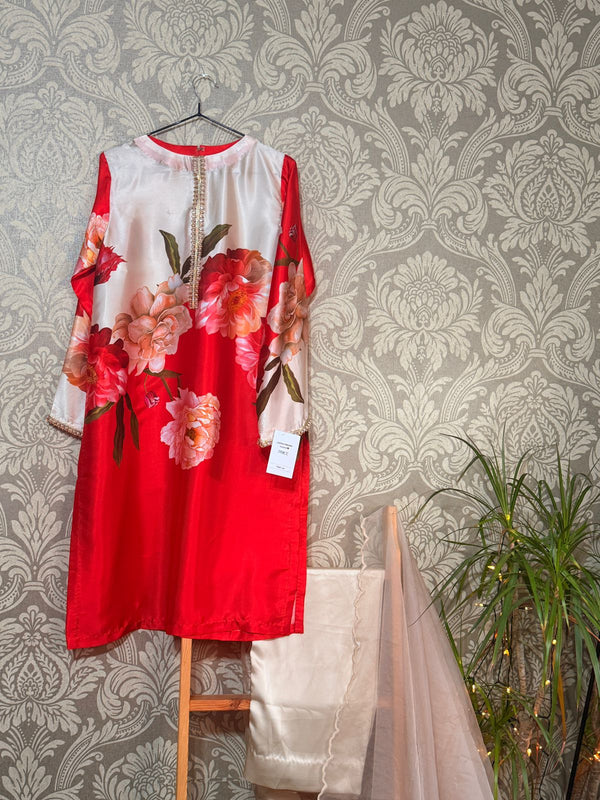 Printed Silk 3-Piece Set – Ruby Red | Box Trouser & Organza Dupatta (S–XL)