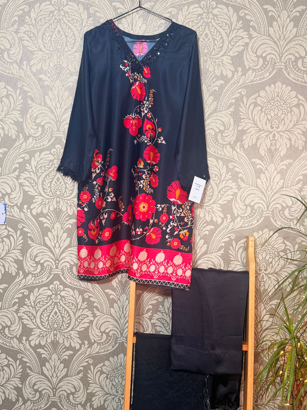 Printed Silk 3-Piece Set – Black | Box Trouser & Organza Dupatta (S–XL)