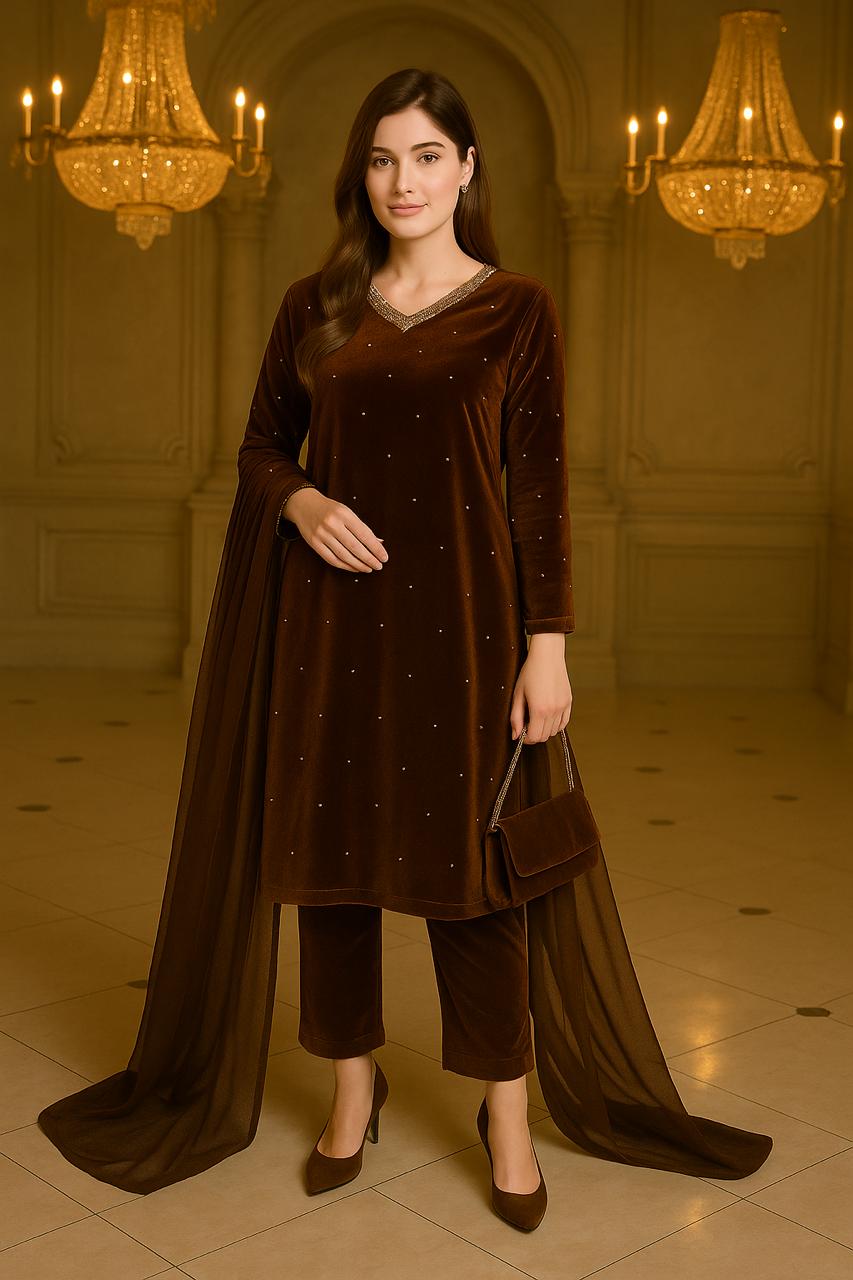 Woman in a brown traditional outfit standing in an elegant room with chandeliers.