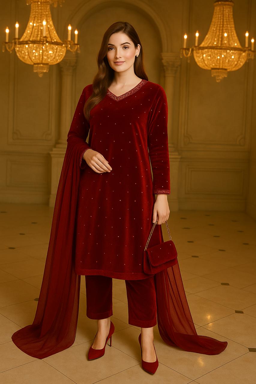 Woman in a red velvet outfit standing in an elegant room with chandeliers.