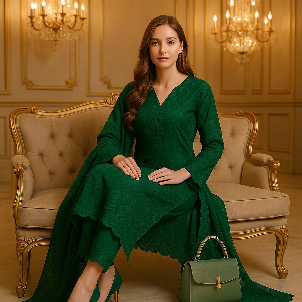 Woman in a green dress sitting on an ornate chair in a luxurious room.