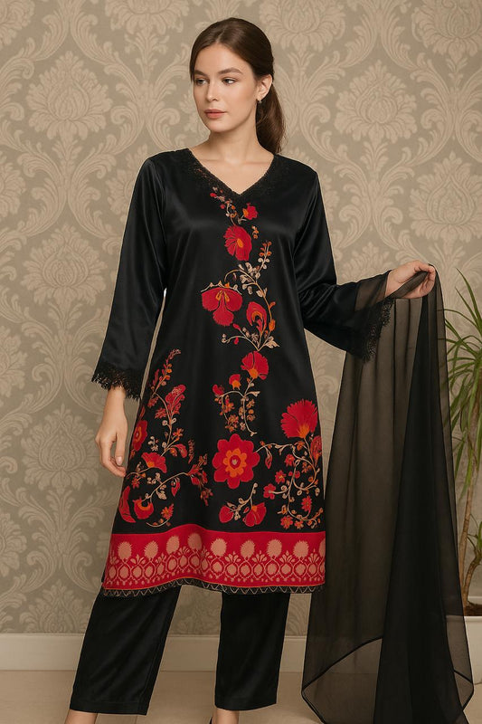 Elegant Silk Printed 3-Piece Suit – Shirt, Trouser & Dupatta