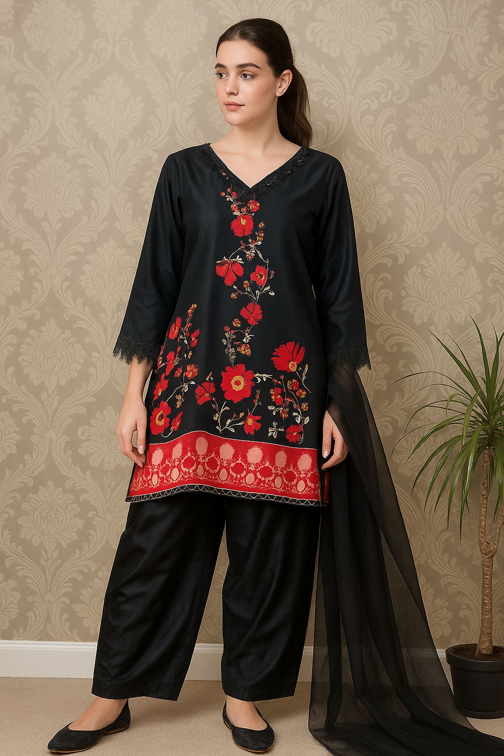 Elegant Silk Printed 3-Piece Suit – Shirt, Trouser & Dupatta
