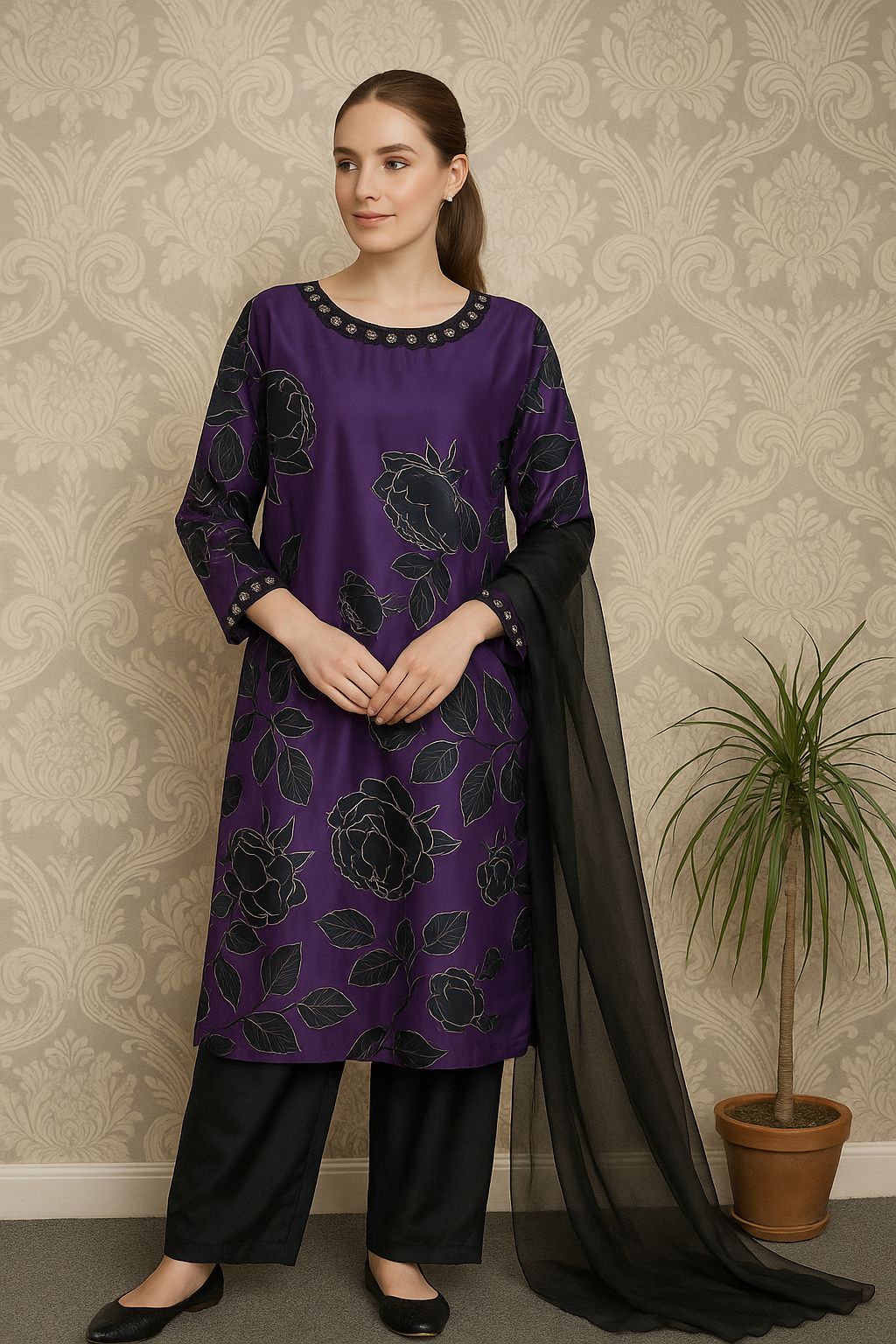 Elegant Silk Printed 3-Piece Suit – Shirt, Trouser & Dupatta