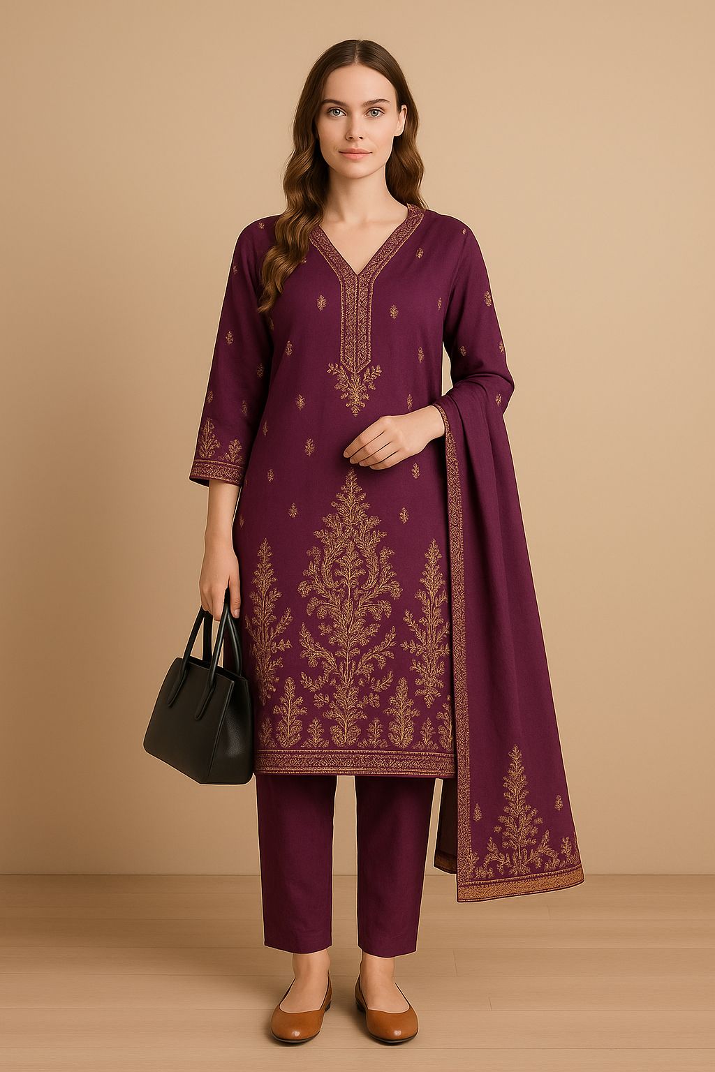 Winter Linen 3-Piece Suit – V-Neckline with Golden Printed Embroidery (Sizes S–L)