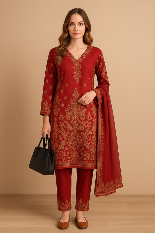 Winter Linen 3-Piece Suit – V-Neckline with Golden Printed Embroidery (Sizes S–L)