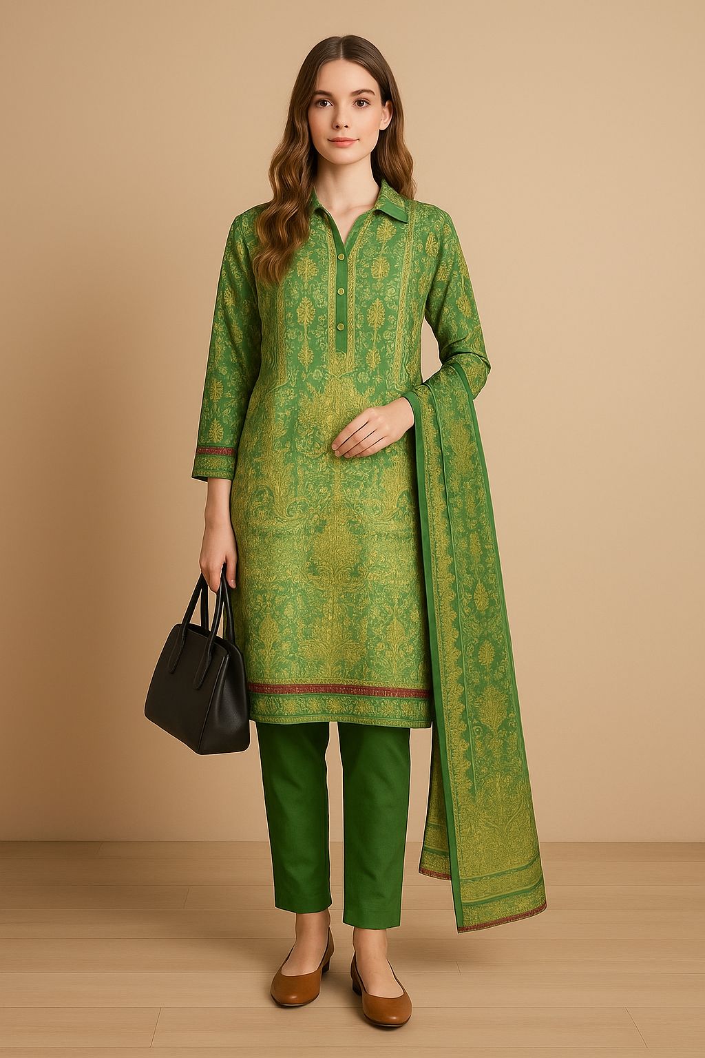 Winter Linen 3-Piece Suit – V-Neckline with Golden Printed Embroidery (Sizes S–L)