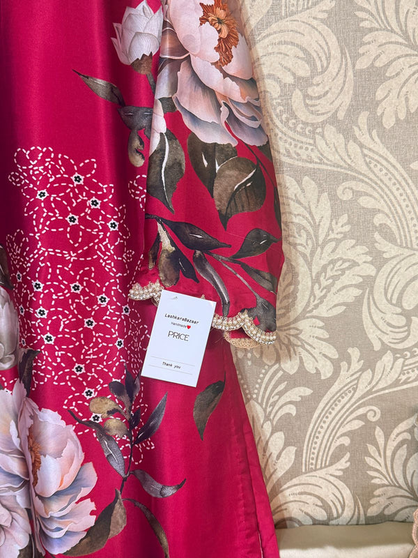 Printed Silk 3-Piece Set – Crimson Rose | Box Trouser & Organza Dupatta (S–XL)