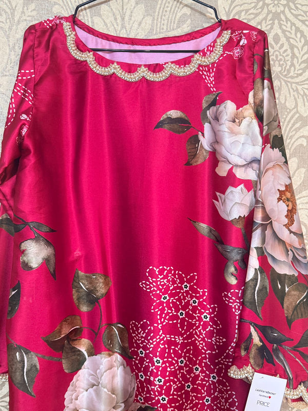 Printed Silk 3-Piece Set – Crimson Rose | Box Trouser & Organza Dupatta (S–XL)