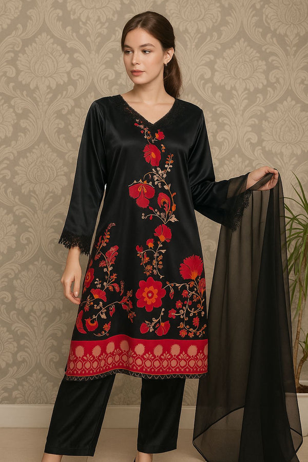 Printed Silk 3-Piece Set – Black | Box Trouser & Organza Dupatta (S–XL)