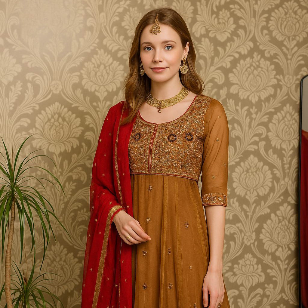 Woman wearing a brown dress with a red dupatta against a patterned wall.