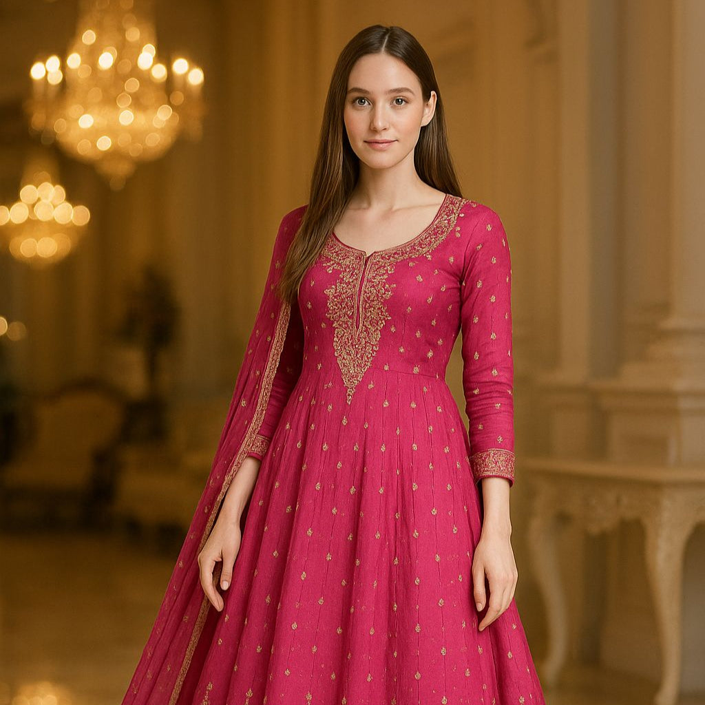 Woman wearing a pink traditional outfit with gold embroidery in an elegant indoor setting.