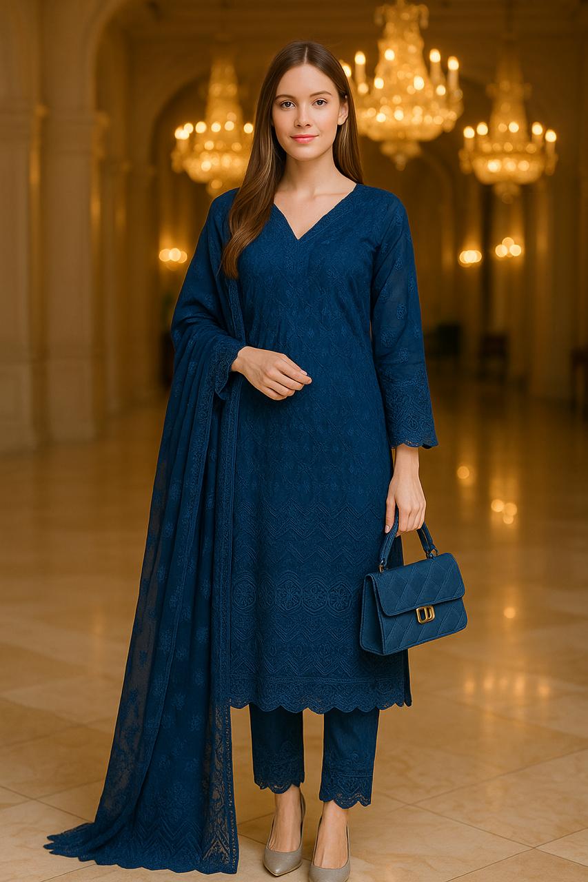 Elegant 3-Piece Chicken Kari Dress – Traditional Embroidered Ensemble