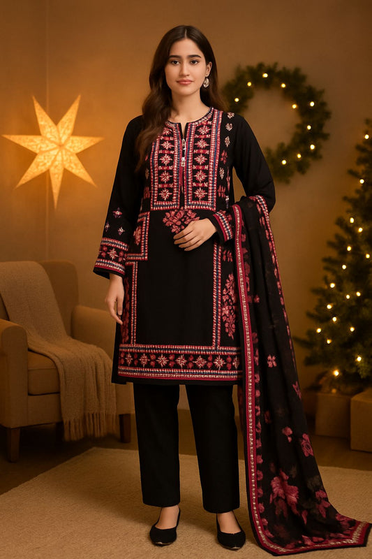 Heavy Embroidered Khaddar 3-Piece Suit Sindhi Style Dress | Winter Collection