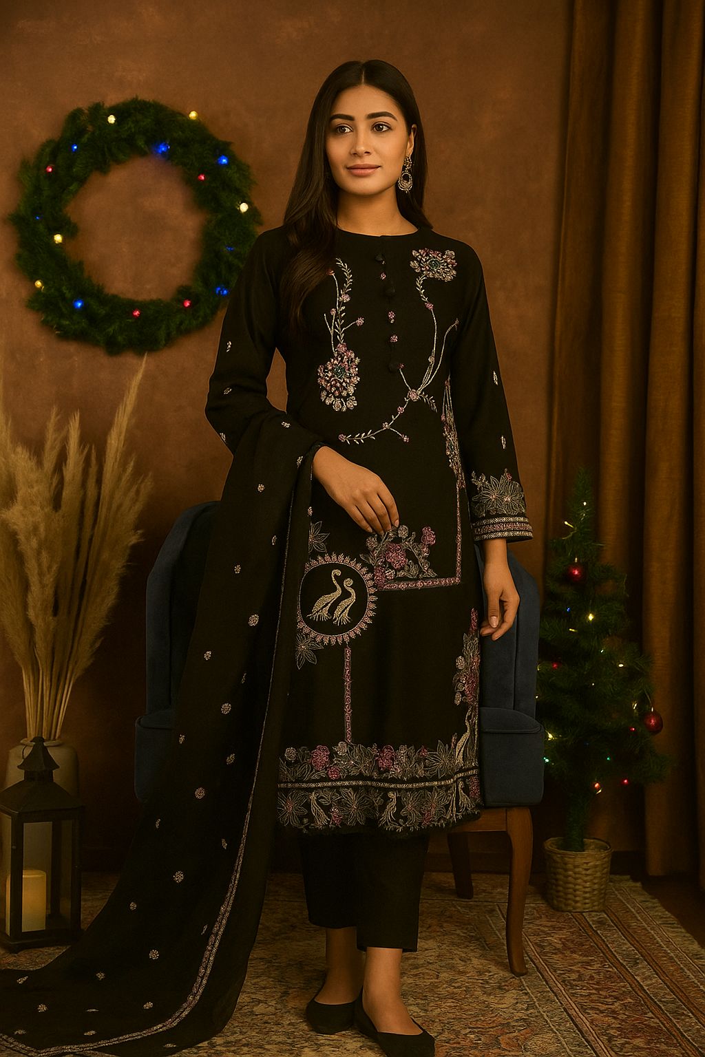 4 Seasons Fabric 3-Piece Suit – Fully Embroidered Shirt with Embellished Organza Dupatta